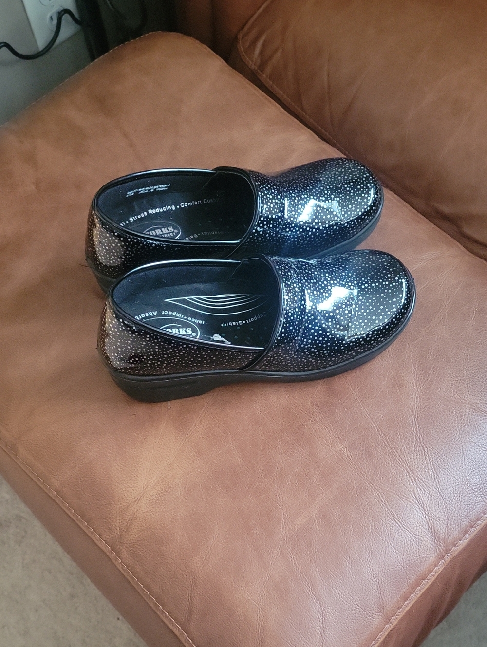 Black Patent Slip-On Shoes with Silver Speckle Detail